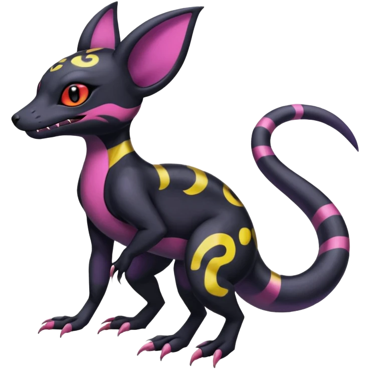 Rare epic aesthetic colorful Salandit-Noibat-Umbreon-Genet-species-Fakemon-hybrid-creature, with markings, full body emoji