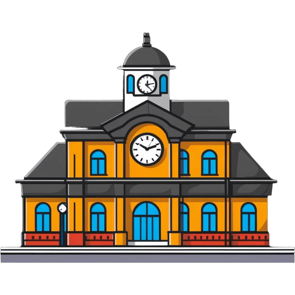train station building with platforms and clock emoji