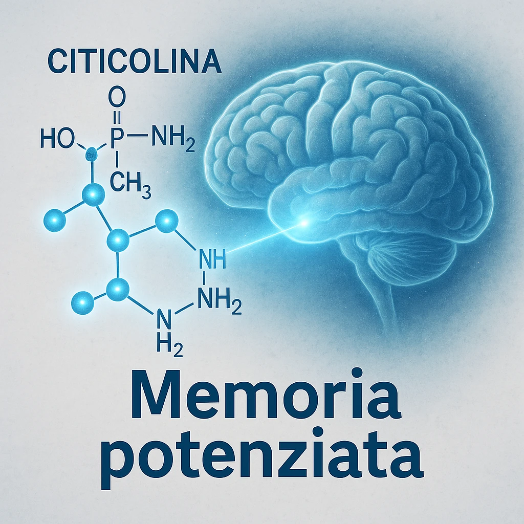 Citicolina che migliora la memoria, iper realistico, molecola blu che illumina un cervello stilizzato, scritta in italiano 'Memoria potenziata', atmosfera scientifica, sfondo chiaro emoji