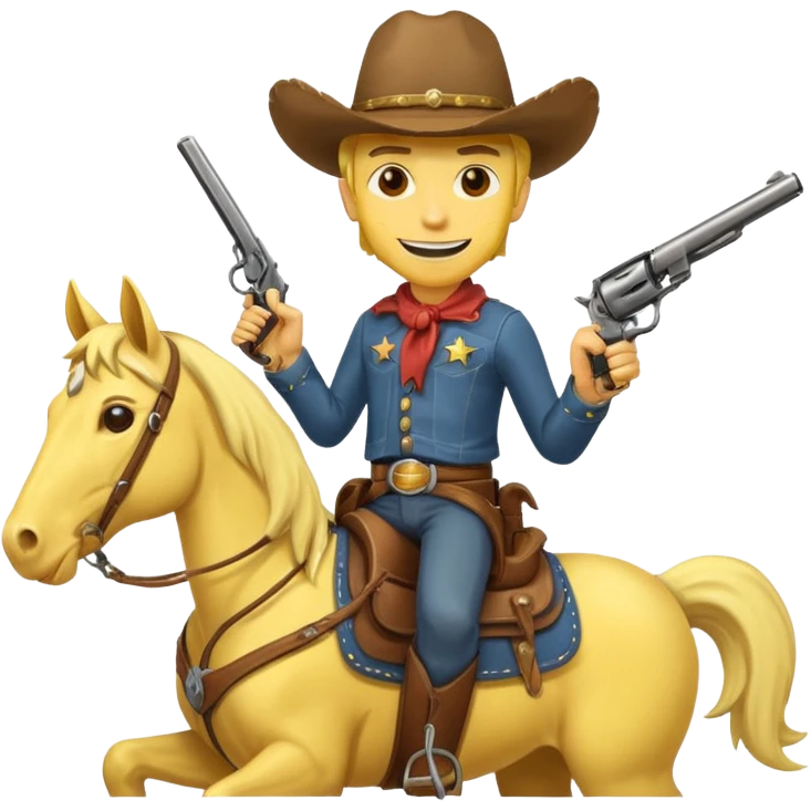 Cowboy riding a horse with revolver. Cowboy With yellow skin and smilling. I mean the face should yellow like mustard color. Simplize it and I need a full pic with horse. Like I need the leg part too emoji
