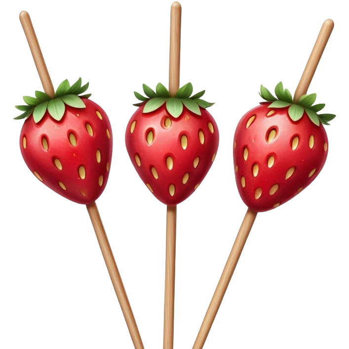 three strawberries on a wooden skewer coated in shiny sugar glaze emoji