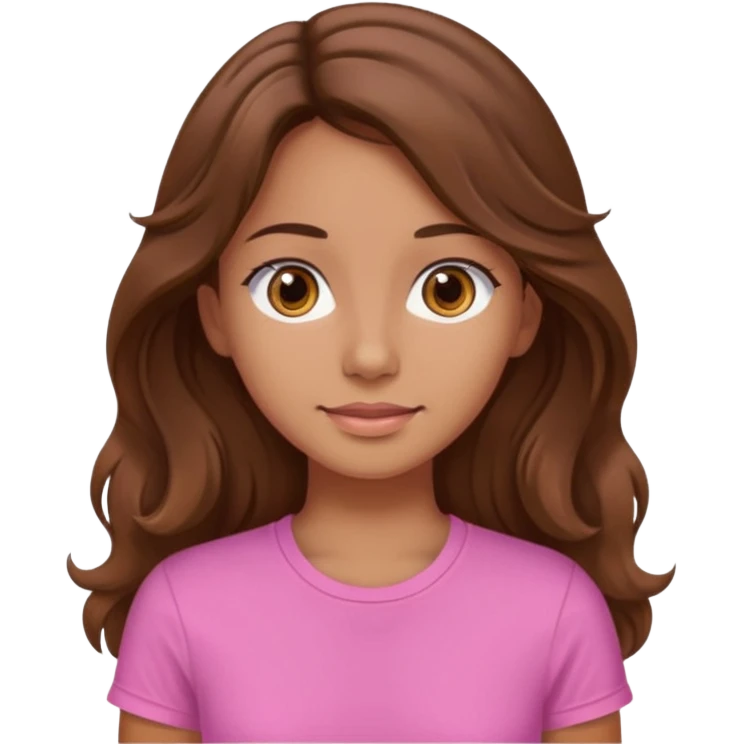 A pretty girl with tan skin and long wavy hair, wearing a pink basic shirt with brown eyes emoji