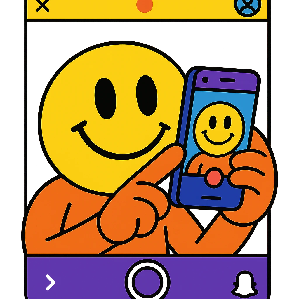 smiley face snapping a photo with phone, Snapchat UI visible emoji
