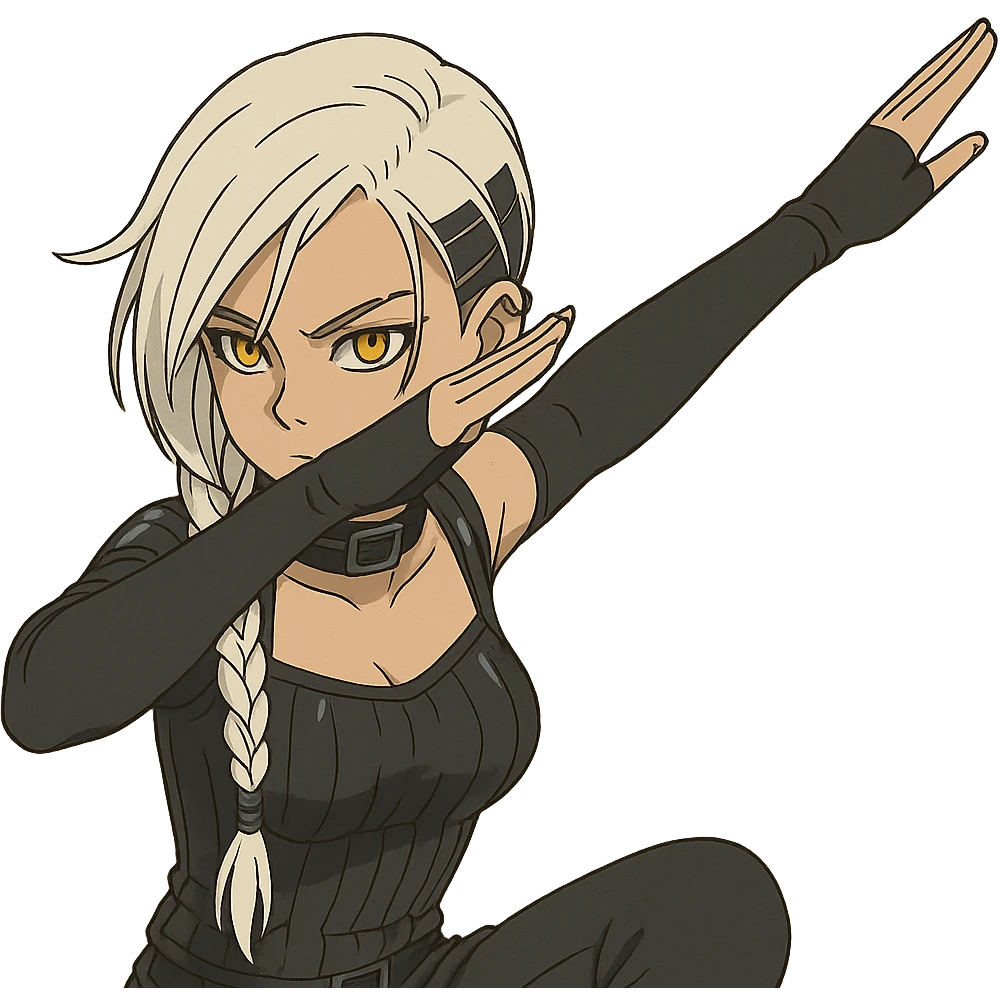 she is dabbing, a closeup portrait of young woman with gold yellow eyes, white hair, long braid, black off-shoulder top d-cup, punk gothic style, futuristic cyberwave cyberpunk, sitting position emoji