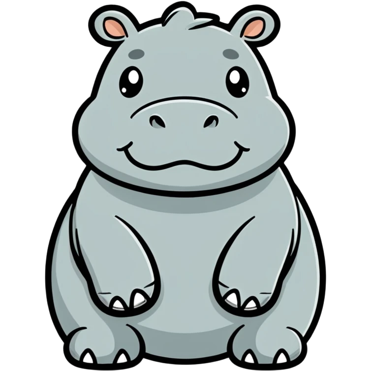 hippopotamus emoticon in Kakao style, bright gray color, cute and simple expression, yellow background, bold outline emoji