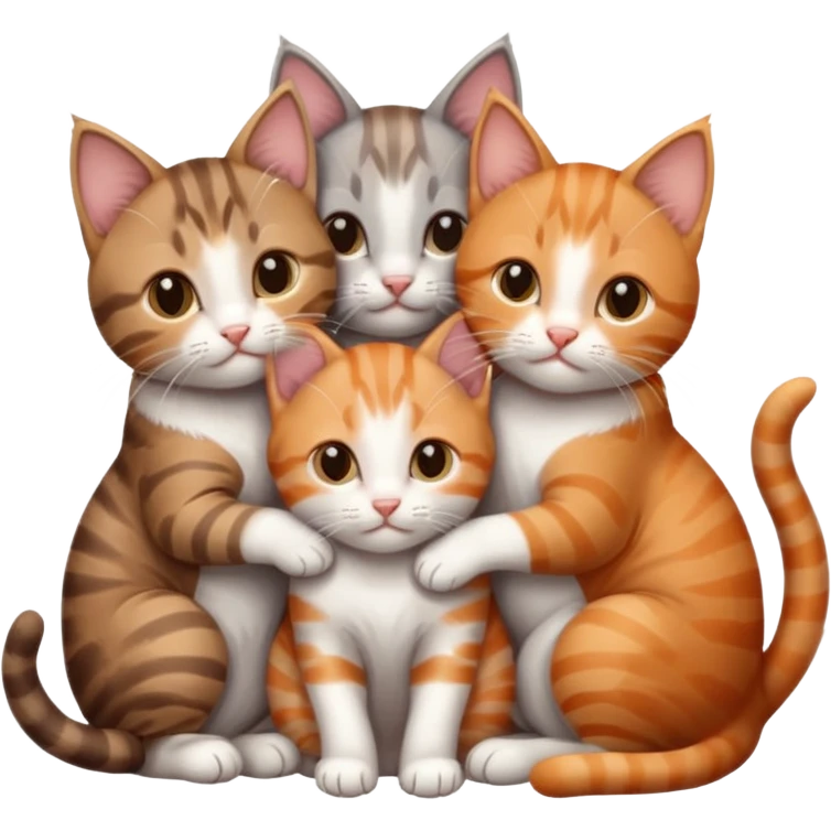 3 kittens cuddling together all different colours, the first one is grey and white, the second is ginger and white and the third is brown tabby and white emoji