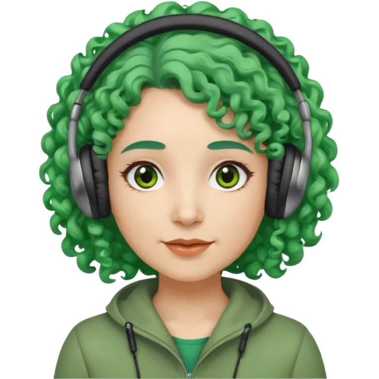 green haired earringed heaphone wearing middle aged woman very very curly long haired and hazel small eyes emoji