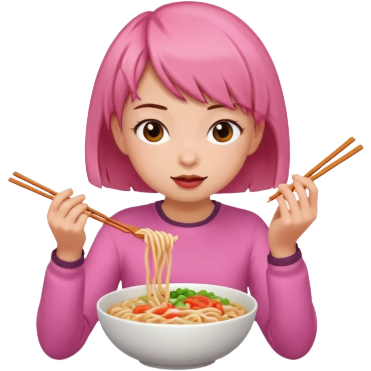 Pink girl eating noodle with brown hair short emoji