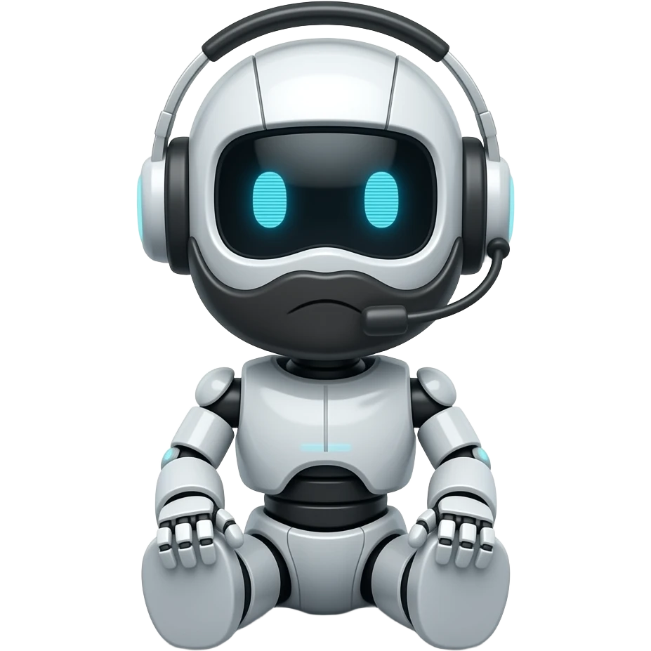 “An emoji of a zen IT support robot (Sudoji), with a minimal robotic face, small digital beard, wearing a headset, sitting calmly with subtle floating code symbols around, modern emoji style, clean white background” emoji