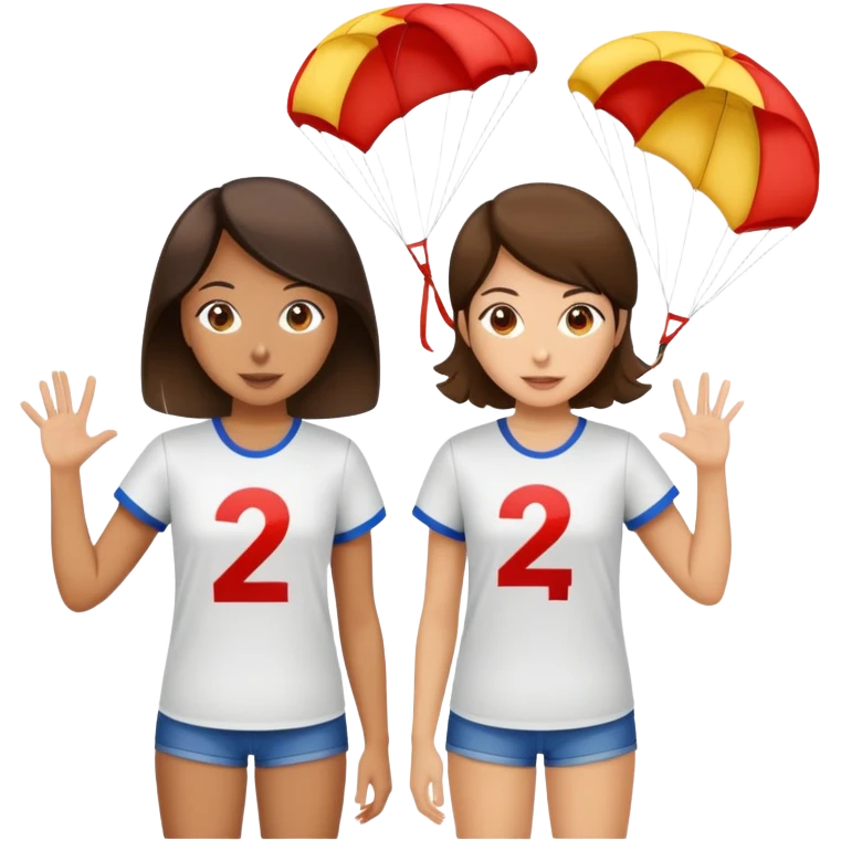 Two brunette girls with parachutes with 24 on shirts emoji