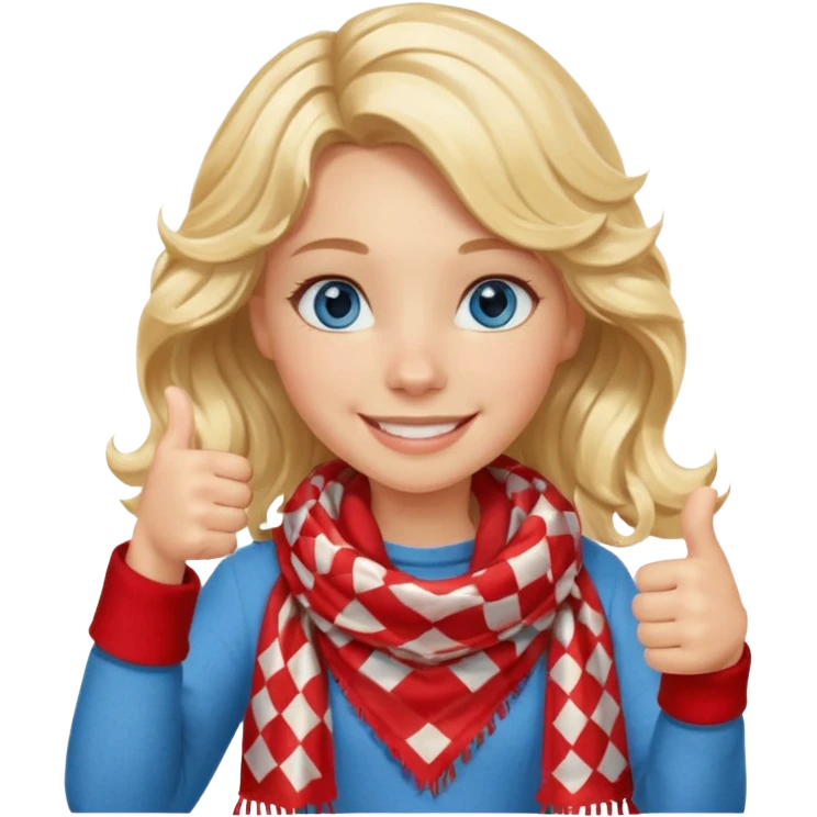 Blonde Girl, Blue Eyes, wavy hair, smiling, thumbs up, wearing red Checkered Triangle scarf emoji