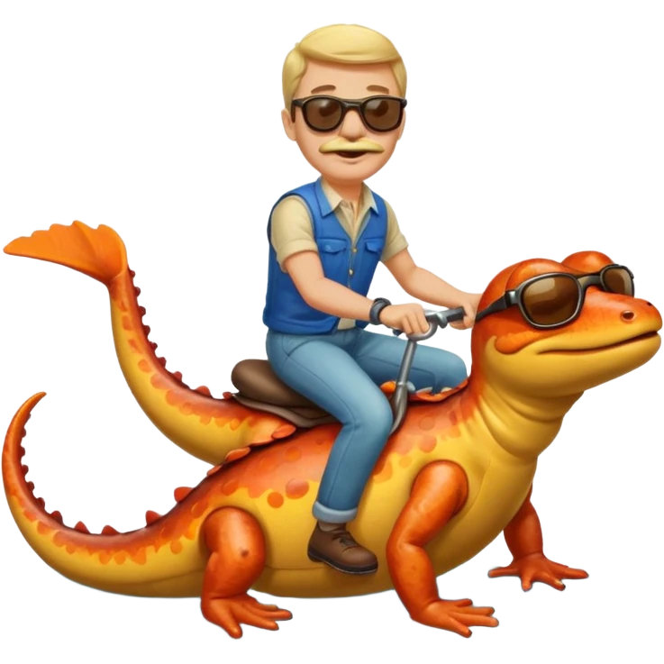 Mustachioed man with sunglasses riding a salamander on a river emoji