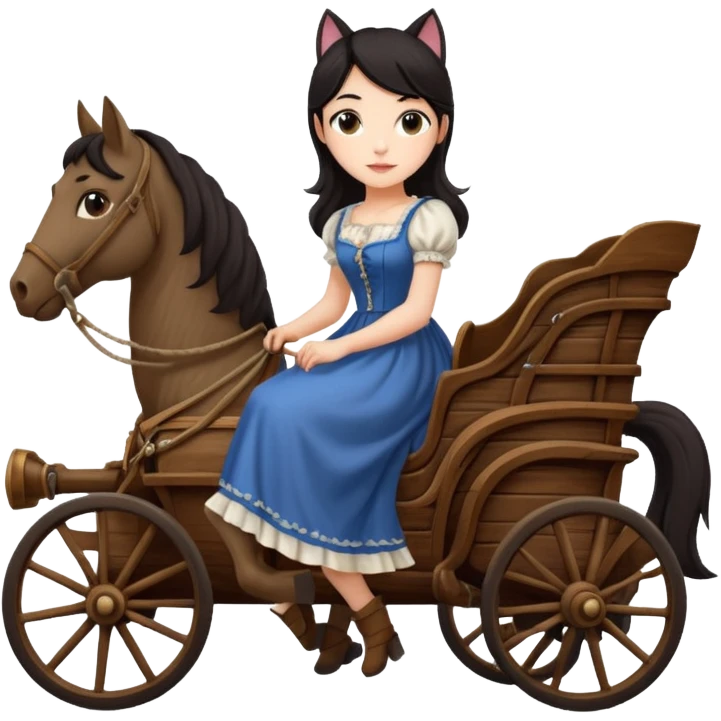  Rustic wood detailed 1854 pretty dark-haired Catgirl driving a huge horse drawn Caravan alone on a romantic trail in the woods  emoji