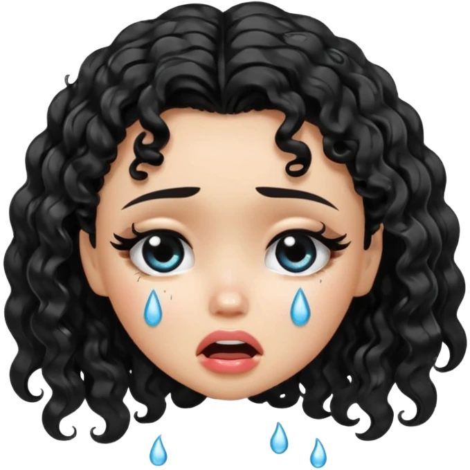 a pretty fair bratz girl with black curly hair, crying emoji