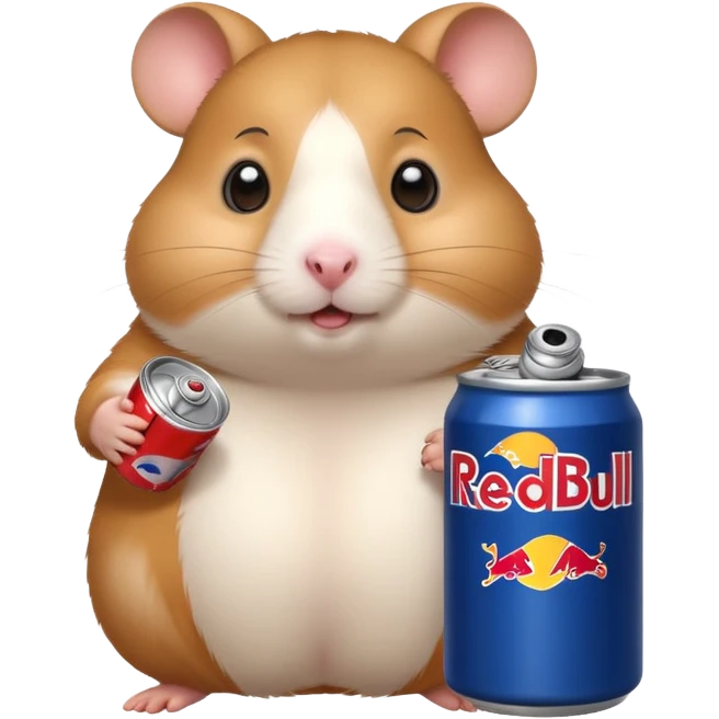 Funny cartoon-style fat hamster wide eyed with a can of redbull emoji