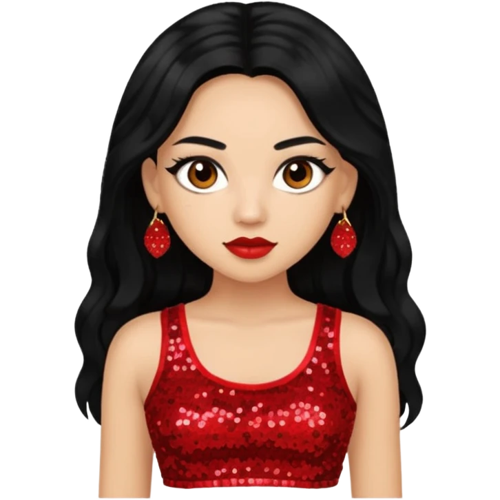 Jade from Bratz with long black hair, light skin, brown eyes, red sequin crop top emoji