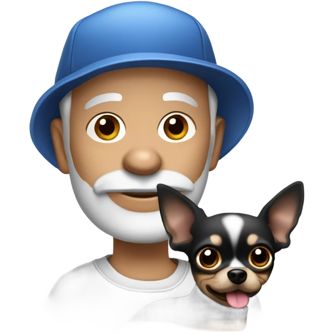 Old man with blue eyes and gray goatee in ball cap holding black long haired chihuahua  emoji