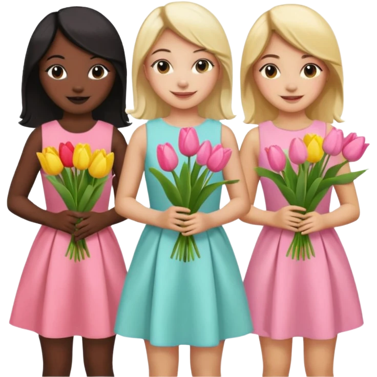 5 girls at a garden party wearing pastel dresses and holding tulips, one is black one is blond, one is asian, one is latina emoji