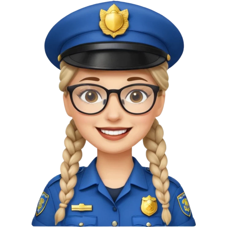 happy white woman police with braided hair wearing hat, glasses  emoji