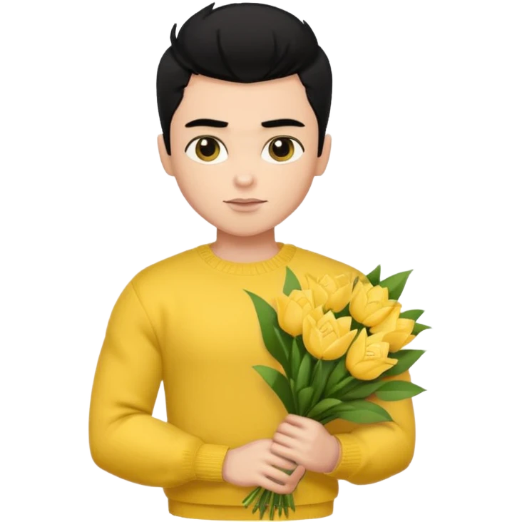 a pretty bratz guy carrying a bouquet and a yellow sweater. Muscled. black hair emoji