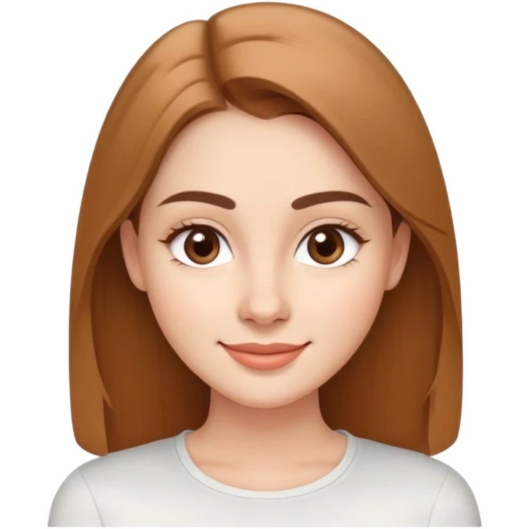 Young woman in her 20s with oval face, soft features, friendly bright smile, large light brown eyes, defined eyebrows, straight nose, medium lips, long straight light brown hair, wearing a white top emoji