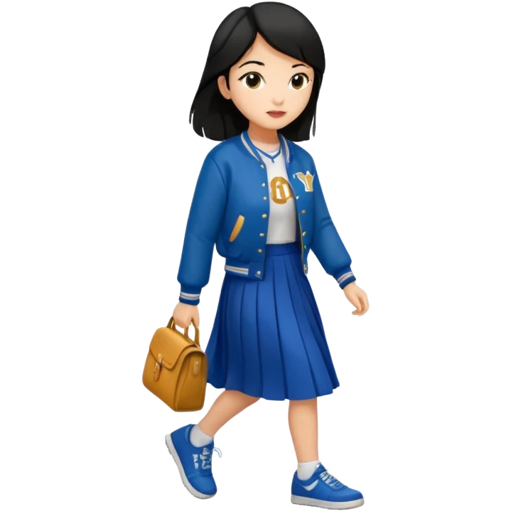 black color long hair girl with varsity jacket and long skirt walking  emoji