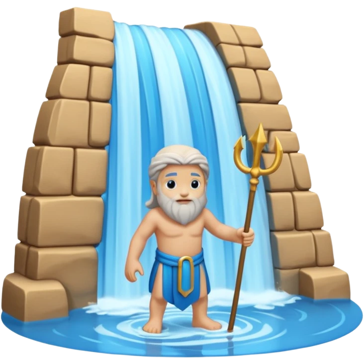 iOS-style 3D emoji: parted sea forming two high curved water walls, with a small figure of Moses in the middle holding a raised staff, standing on dry ground. emoji