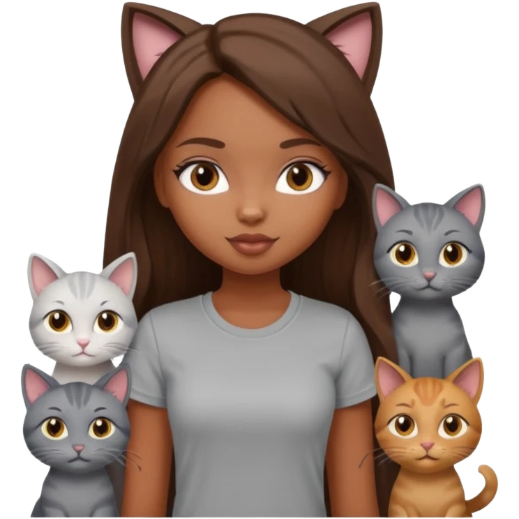 a pretty bratz dusky girl with long brown hair with six cats nd wearing a grey tshirt emoji