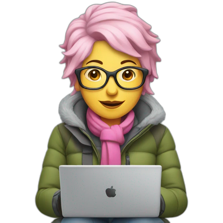Middle aged woman with pink Hair with Grey laptop and skis emoji