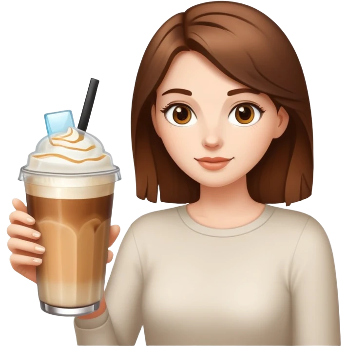 White girl brown hair with ice latte coffee in glasse cup emoji