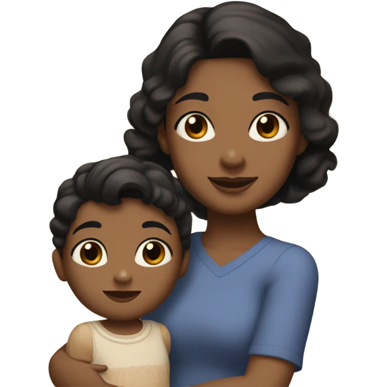 Girl with black hair on her shoulders, round eyes and dark browns, with a headband and a little hair on her forehead, holding a two-year-old boy in her arms, half brown and light brown eyes and wavy with half brown blond hair emoji