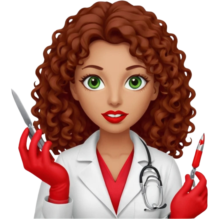 Lilith symbol sexy evil woman. She has green eyes.  had brown long curly hair.  evil surgeon kills with scalpel wears red sexy doctor coat with red mouth cover red gloves. Covers nose, neck  and mouth with Muslim red berka emoji