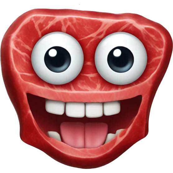 a giant red raw steak with a hyperrealistic teethy smile and two big eyes emoji