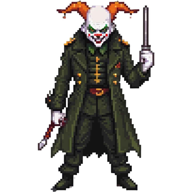 evil clown soldier, bald, black horns on forehead, angry expression, showing fangs, pointed ears, eye patch over one eye, long coat over black and military green clothes with bellbottom pants, tail, holding a different style of whip, realistically proportioned, less bulky, full body, fighting stance emoji