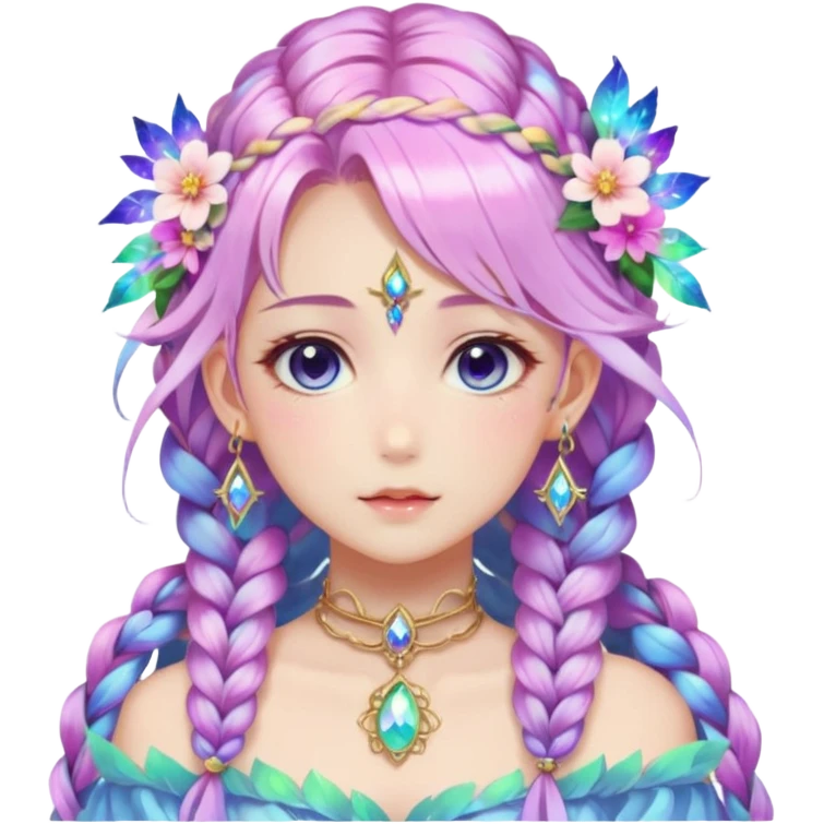 Beautiful gorgeous anime lady with beautiful iridescent-nebula-braided-hair, fashion aesthetic, ethereal, fairycore, pastelcore, feather, flowers, gems, accessories, jewelries, gold, colorful emoji