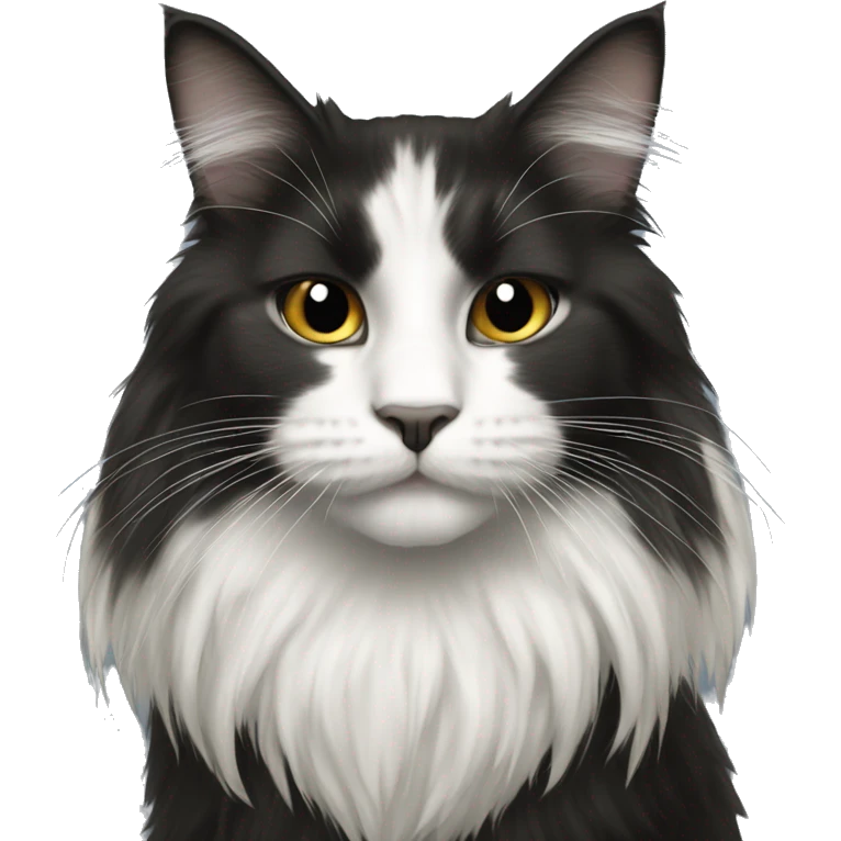 long haired cat half black half white with black mouth emoji