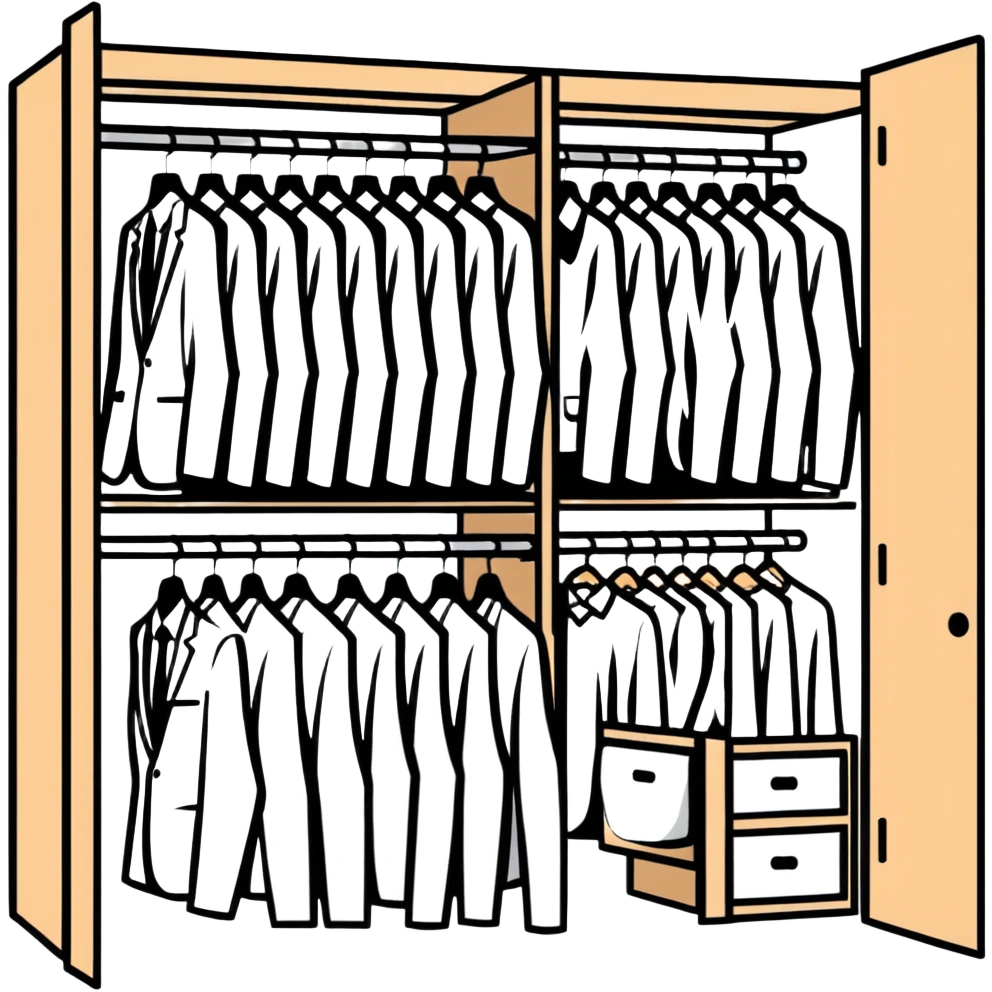 Simple closet with organized professional outfits, work wardrobe planning emoji
