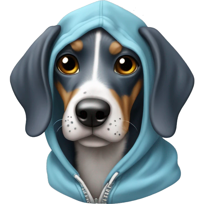 Miniature bluetick hound wearing a hoodie emoji