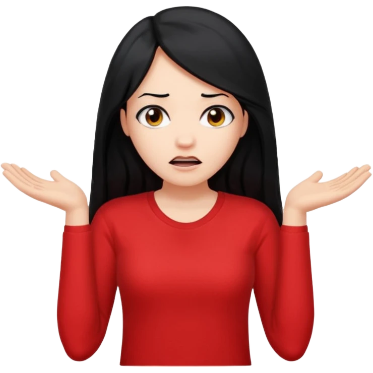 빨간색 티셔츠를 입고 긴 검정머리를 가진 여성이 모르겠다는 듯이 어깨를 올리는 제스처를 하고있음 🤷🏻‍♀️ emoji