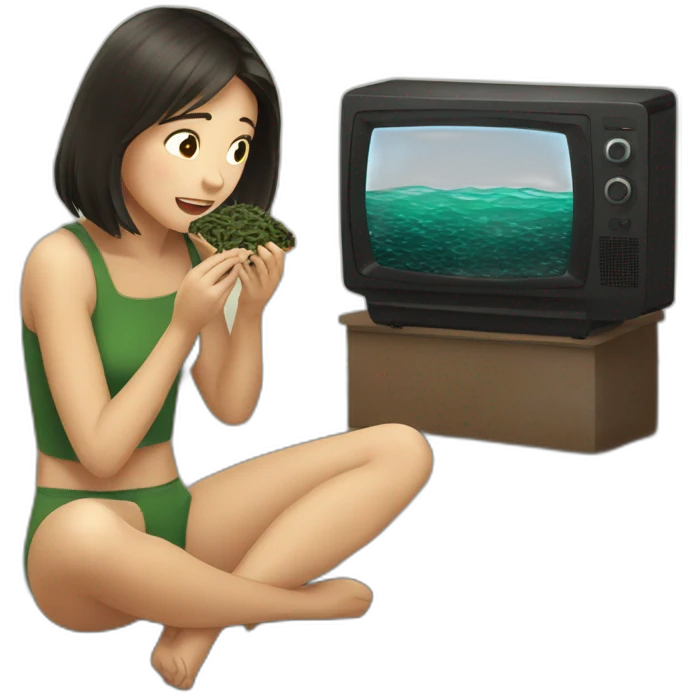 Girl watching television eating toasted seaweed emoji