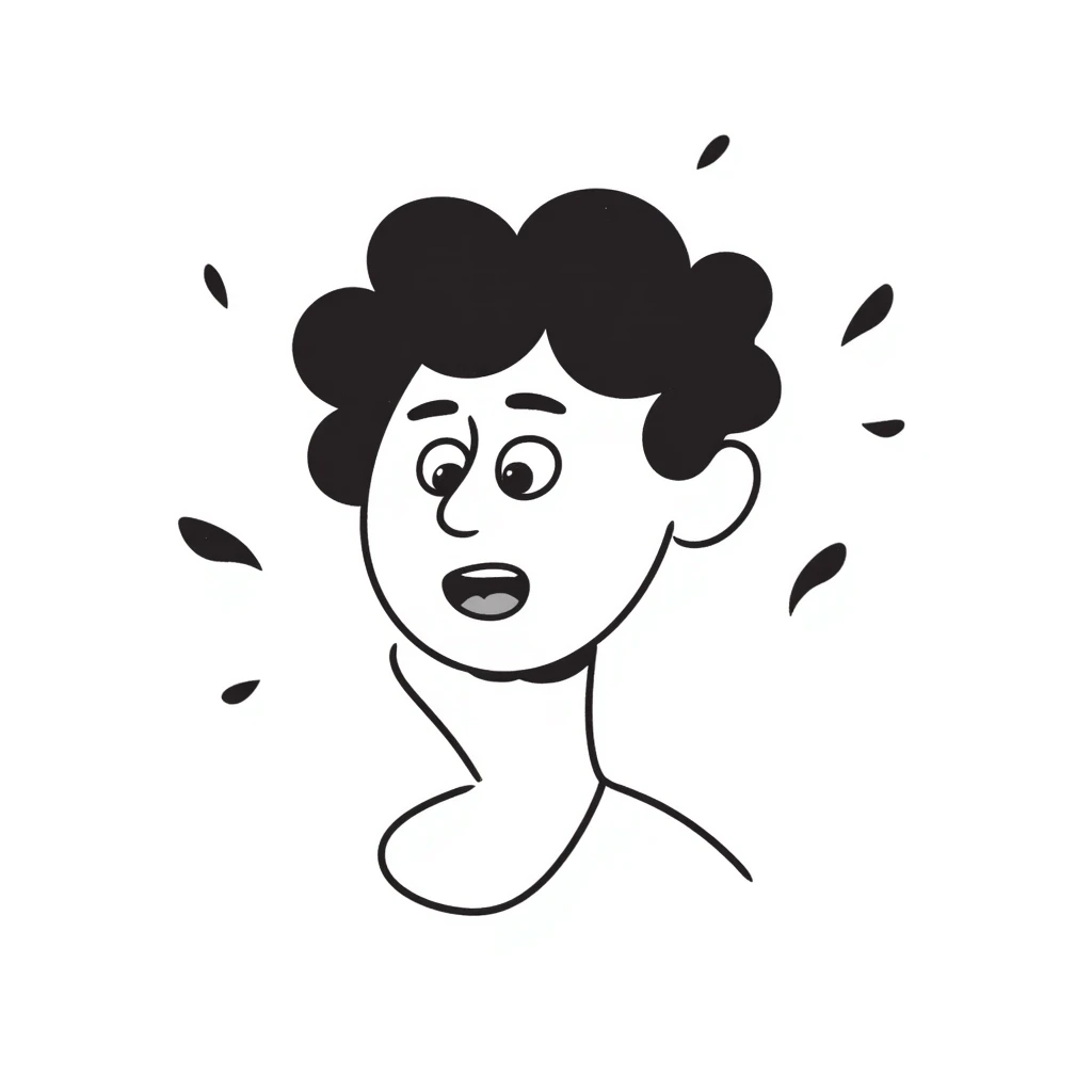 Hand-drawn face with exaggerated sweat drops flying off, stressed expression emoji