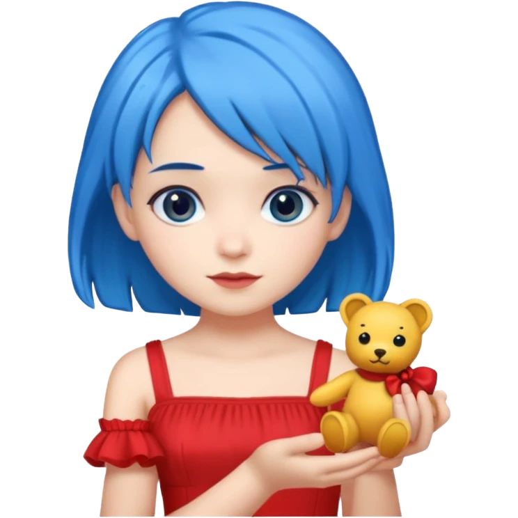 blue haired red wearing girl with small toy emoji