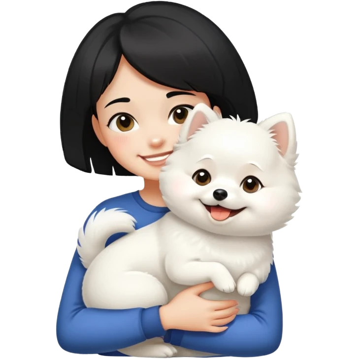 A black short-haired girl happily hugs a white Pomeranian emoji