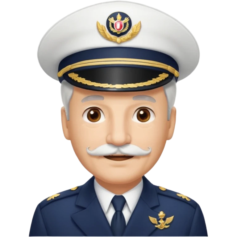 A light-skinned mid-aged man with brown eyes and white mustache, smiling while wearing a white captain’s hat with a navy emblem. emoji