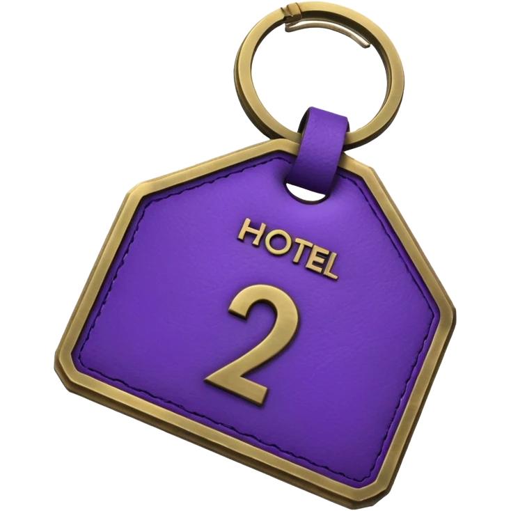 antique brass hotel key with large purple leather room number tag emoji