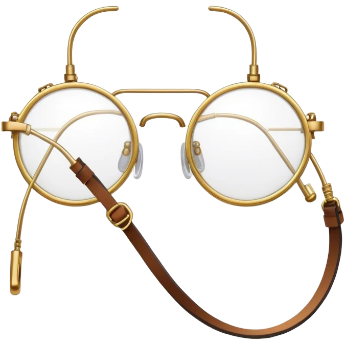 Circular brass wire frame spectacles with leather side straps and adjustable metal bridge connected to curved temple hooks transparent emoji