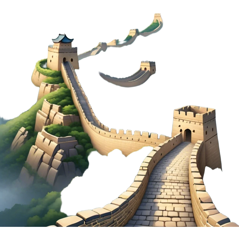 Cinematic Realistic Great Wall of China Landmark Emoji, depicted with ancient stone pathways winding over rugged mountains, watchtowers punctuating the misty landscape, and soft golden sunlight casting dramatic shadows. emoji