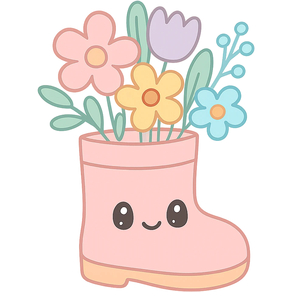 pastel rain boot filled with blooming spring flowers, kawaii hand-drawn style, soft pastel color emoji