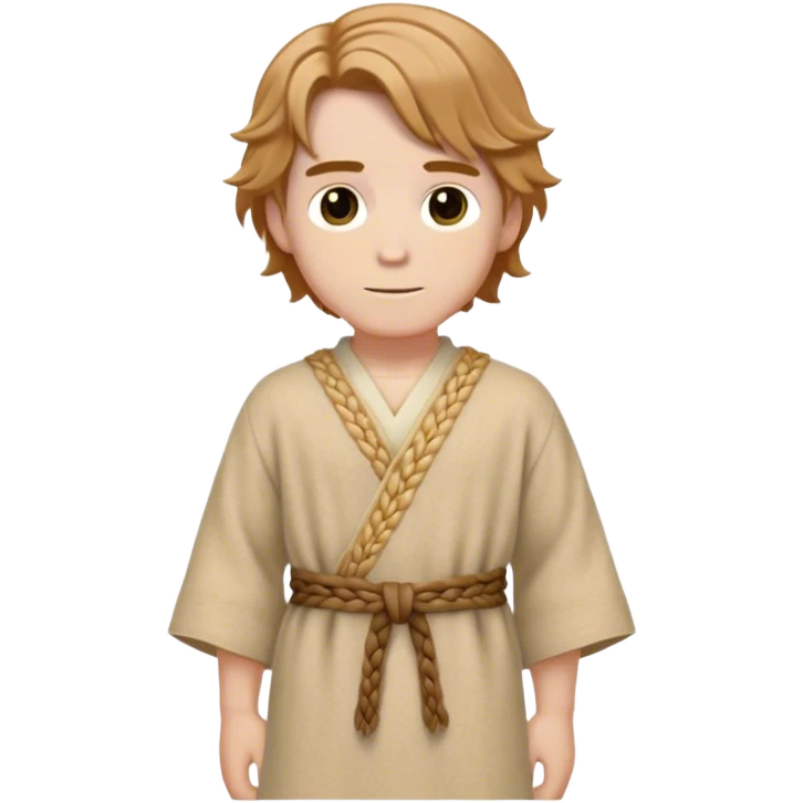 Medieval spring outfit worn by a DnD themed fantasy male character. Wheat-colored wool tunic with subtle herringbone weave pattern, cinched with a braided fabric sash. Clothes only above the waist, full waist coverage. The character has no arms. Character is white-skinned with light chestnut hair, golden brown eyes, and medium-length wavy hair. emoji