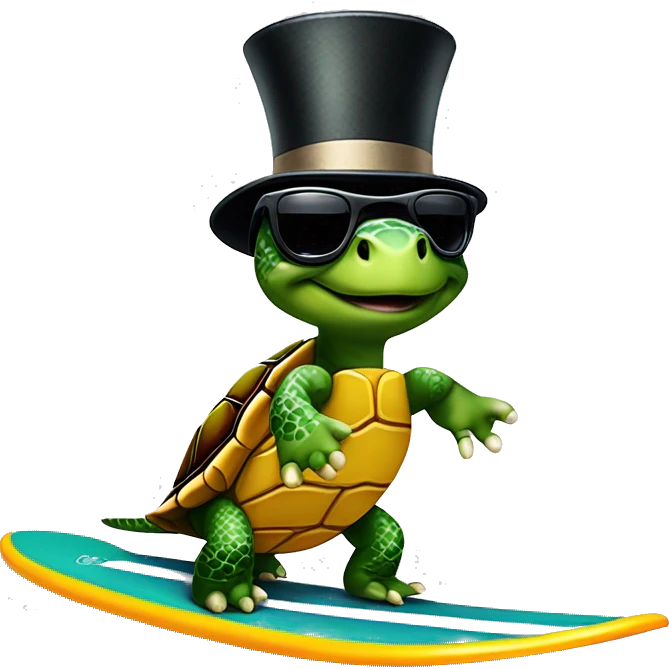 turtle riding a surfboard with a tophat on and sunglasseds emoji